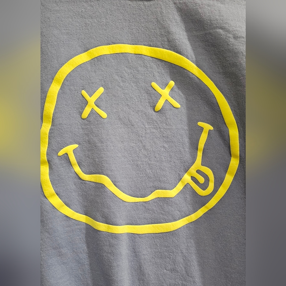 Gildan Blue Crewneck Sweater with Neon Smiley Face - Picture 2 of 3